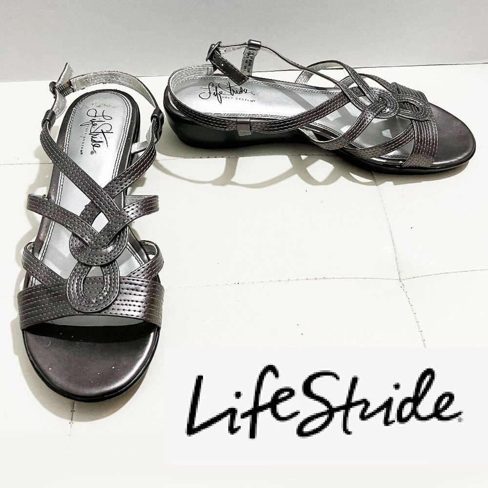 Life Stride Soft System Pewter/Grey Sandals Shoes | Low Wedge Heel | Size 8.5M